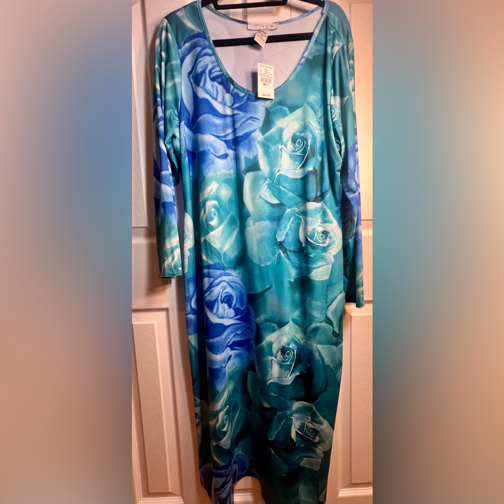 Ashley Stewart Curvy Girl Teal and Blue Floral Rose Print Long Sleeve Dress